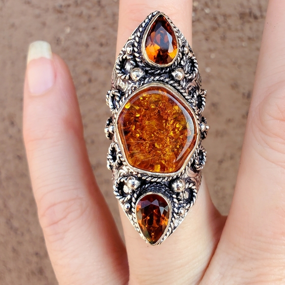 New Baltic Amber & Citrine 925 Silver Statement Ring. - Picture 11 of 13